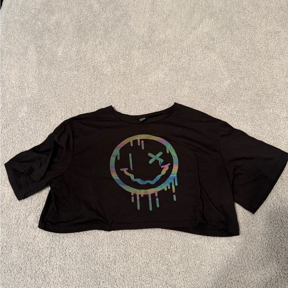 Black Crop Top with Smiley Face Graphic